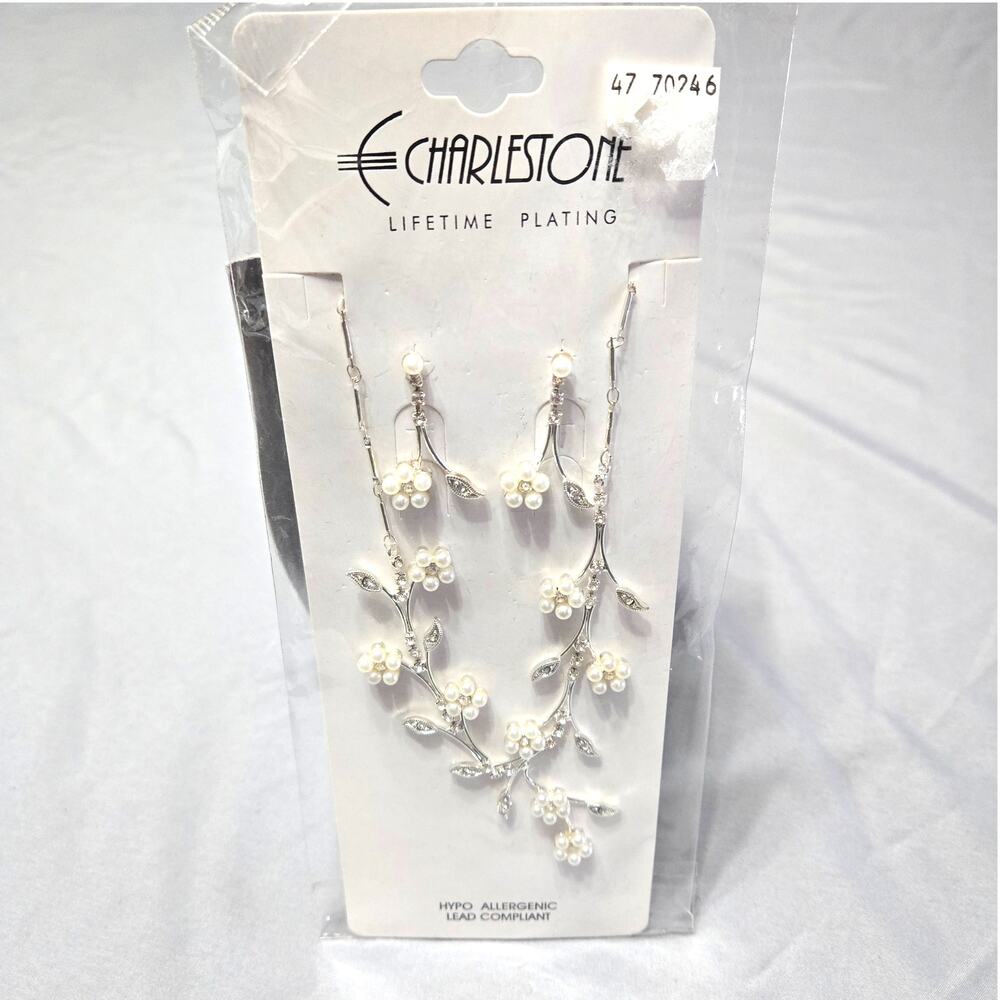 Charlestone Silver Pearl & Crystal Floral Vine Jewelry Set